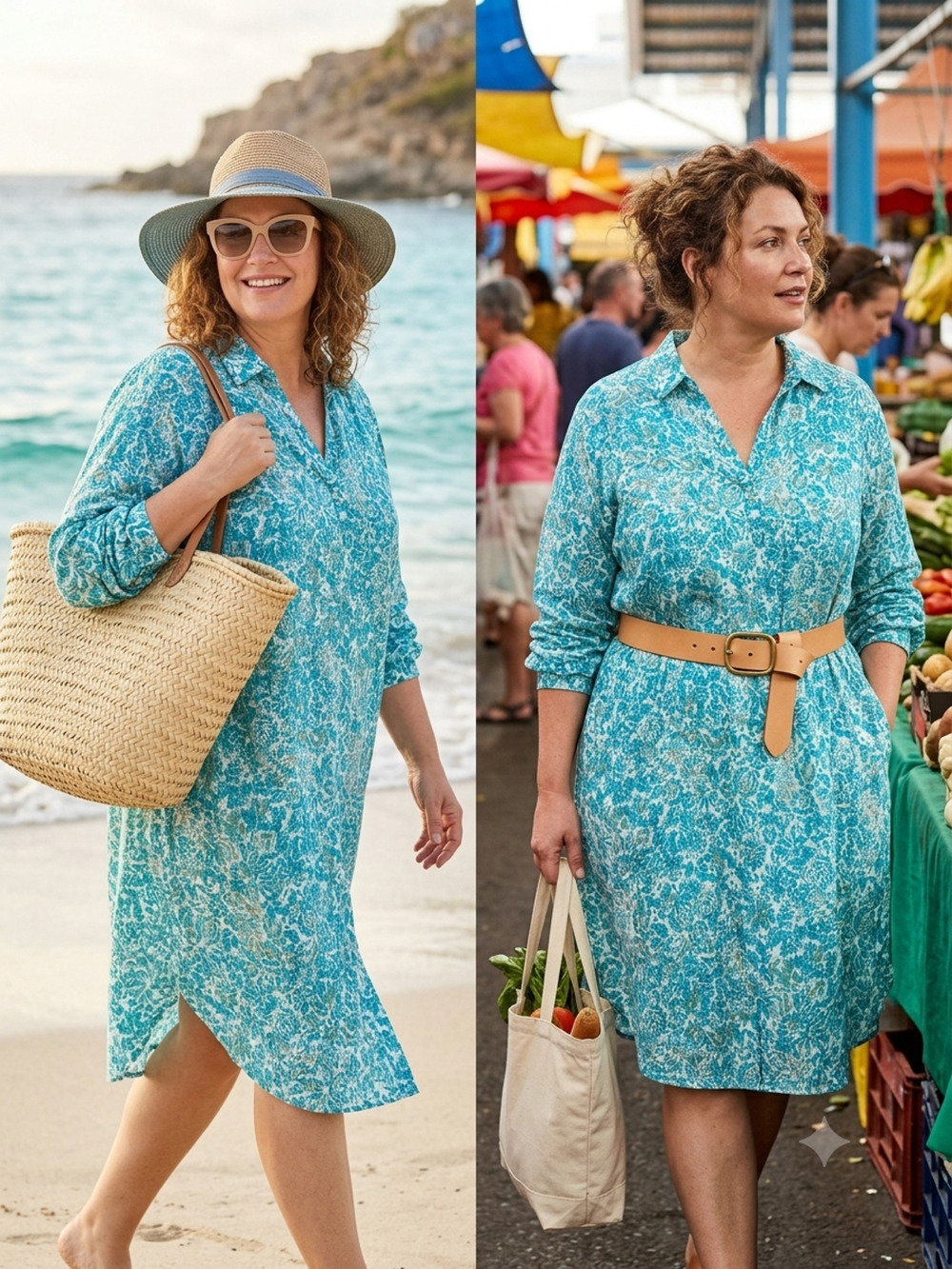RipSkirt Teal Floral V Neck Beach Gauze Seersucker Shirt dress Cotton Size XXL